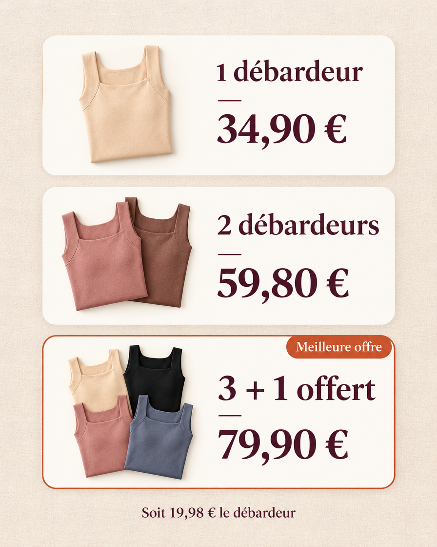 1 débardeur 34,90 €, 2 débardeurs 59,80 €, 3 + 1 offert 79,90 €
