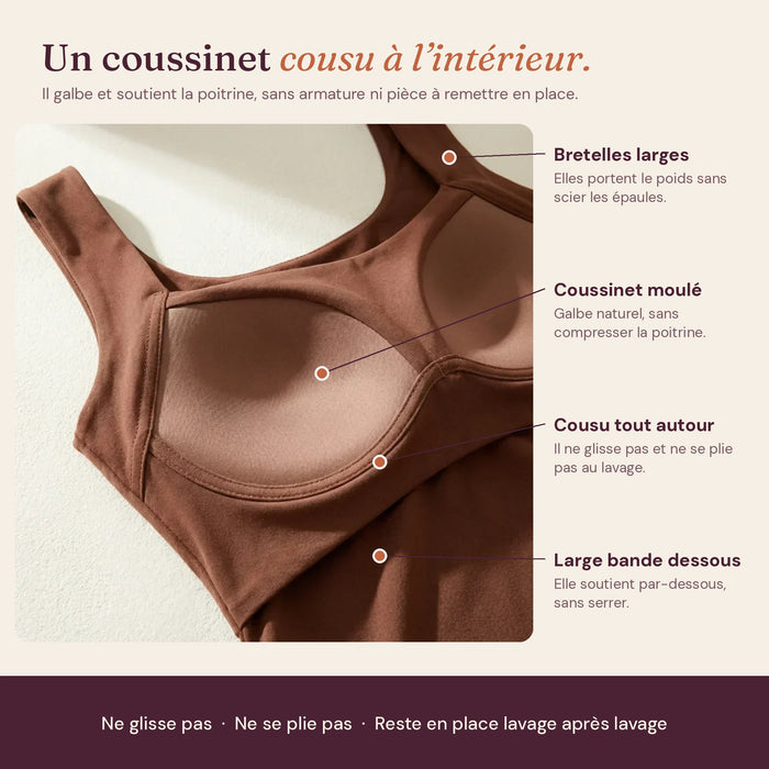 Coussinet cousu à l'intérieur du débardeur Velkut : il ne bouge pas au lavage