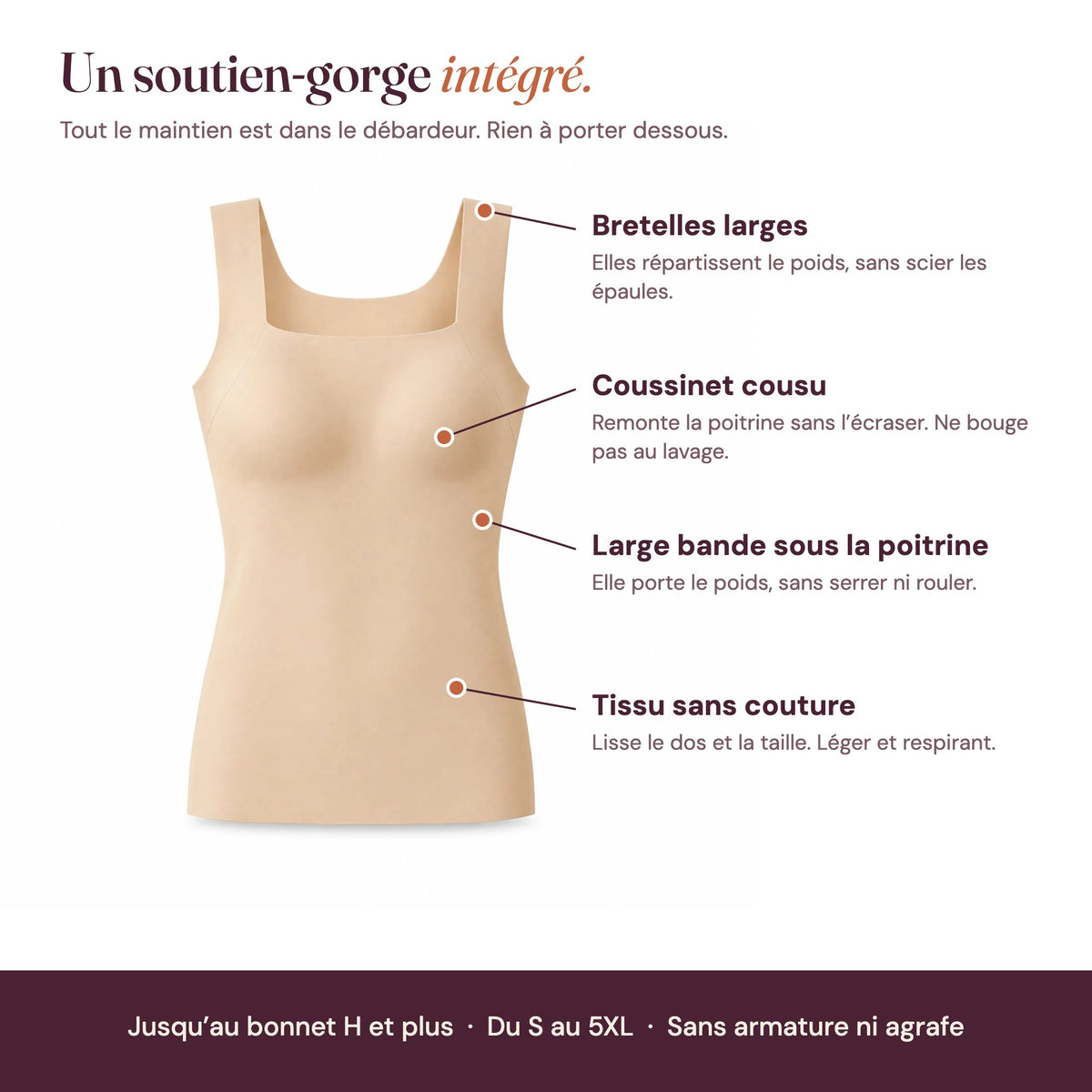 Débardeur Velkut : bretelles larges, coussinet cousu, large bande sous la poitrine, tissu sans couture