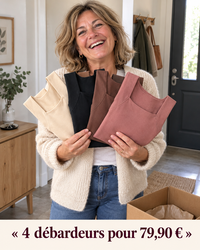 Cliente tenant ses 4 débardeurs Velkut